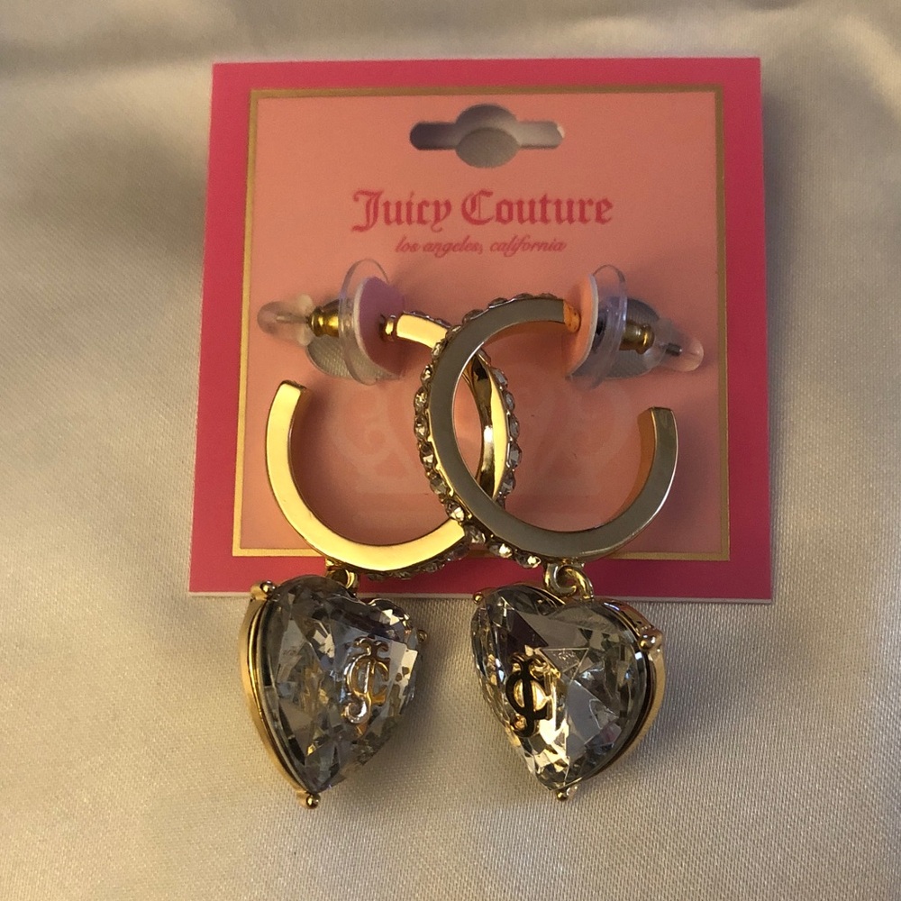 Juicy Couture Gold Tone C-Shaped Hoop Earrings Clear Crystal JC Heart Charm NWT